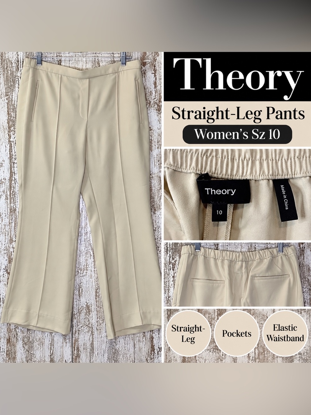 Theory Straight Leg Pants Women’s Size 10 Ivory Cream Elastic Waist Trousers